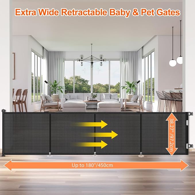 EZIGO 180 Inch Retractable Baby Gates, 41 Inch Extra Tall Retractable Gate | Reinforced Retractable Dog Gate with Rods, 15 FT Extra Long Mesh Pet Gate for Stairs Hallways Doorway Indoor Outdoor, Black