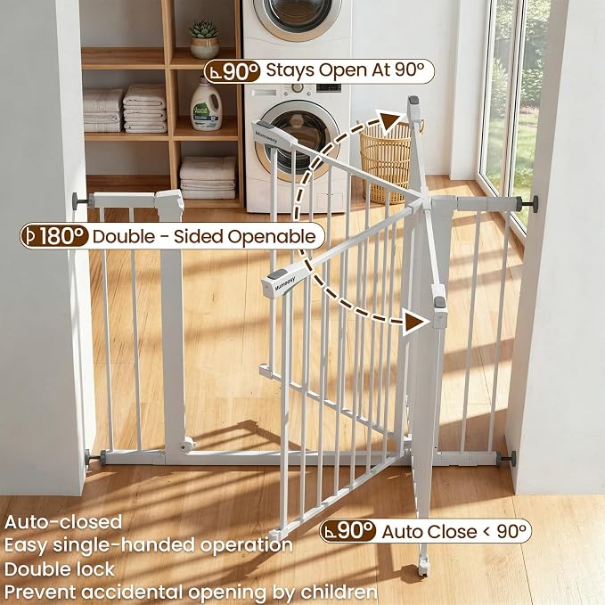 Mumeasy 29.7-43" Adjustable Baby Gate, Auto Close Dog Gate for Doorways | No drill installation, one hand operation, adjustable width, secure locking system, for dogs pets babies toddlers