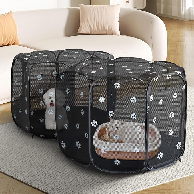 2-in-1 Cat Playpen, Pop Up Dog Pet Playpen for Indoor Outdoor Cats Enclosed, Portable Pet Playpen, Kitten Puppy Foldable Play Pen Cat Dog Tent Crate Cage Kennel(No Divider, Unified Space)
