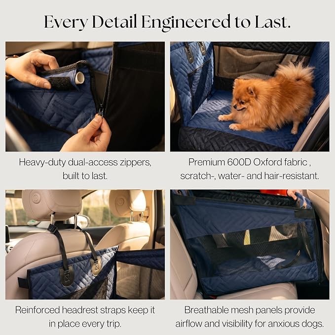 Dog Car Seat for Small & Medium Dogs up to 35 lbs – Hard Bottom Booster with Safety Tether, Non-Slip Waterproof Oxford Fabric, Storage Pockets, Fits Cars, SUVs & Trucks (Blue, Up to 35 lbs)