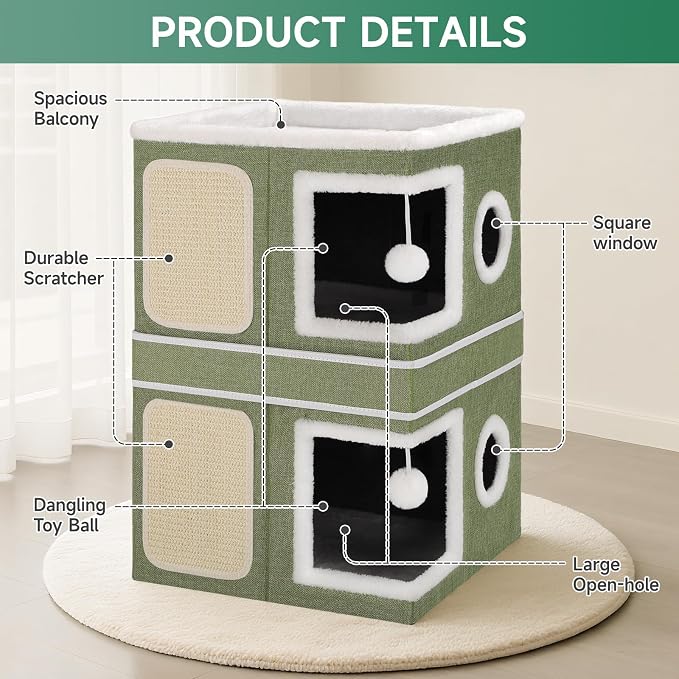 Shikha 2 Story Cat House beds for Indoor Cats with Scratch Pads Green | 2 in 1 Dual Use Double Cat Bed Cave for Multiple Pets Kitten, Elevated Perch for a Wide View, All Season Reversible Cushion