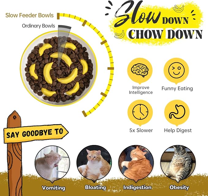 Ceramic Slow Feeder Cat Bowl, 6.3'' Wide Whisker Friendly Cat Puzzle Feeder | Slow Eating 5x, Anti Vomit Shallow Slow Eating Cat Dish for Dry and Wet Food, Contrasting Colors, 6.3" X 1.2"