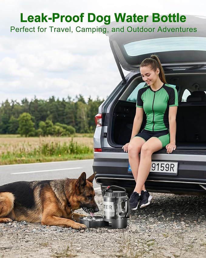 Portable Dog Water Bottle with Bowl, Large 77 oz/2.2 L, Black | Food-grade, BPA-free material, silicone seal, easy-clean wide mouth, grip handle, for large dogs, hiking, camping, beach days