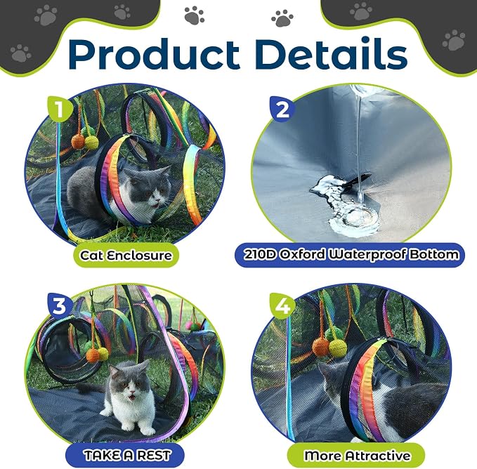 CypherX Outdoor Cat Enclosure, Portable Cat Tent with Tunnel Popup Catio | 7-in-1 modular design: 3 tents, 9.8" wide tunnels, scratch balls & storage bag. Durable setup for small animals & cats.
