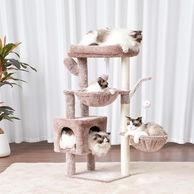 Heybly Cat Tree, 40" Tower with All-Sisal Wrapped Scratching Post HCT006SMU | Cat Tower for Indoor Cats, Cat Condo with Soft Platform, 2 Baskets and Dangling Toy, Rosy Brown