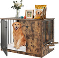 TBWIND 36" Dog Crate Furniture for Medium Dogs, Rustic Brown | Wooden Dog Kennel End Table with Cushion, 270° Rotating Door, 360° Feeding Station, Dual Rotating Latch Locks & Bowls