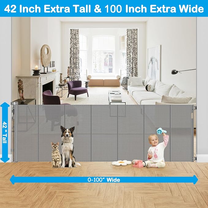 Reinforced 42" Extra Tall X 100" Extra Long Baby Gate for Large Openings with Reinforced Bars Retractable Pet Gate for Dogs Extra Wide Retractable Baby Gate No Sagging Extra Tall Retractable Dog Gate