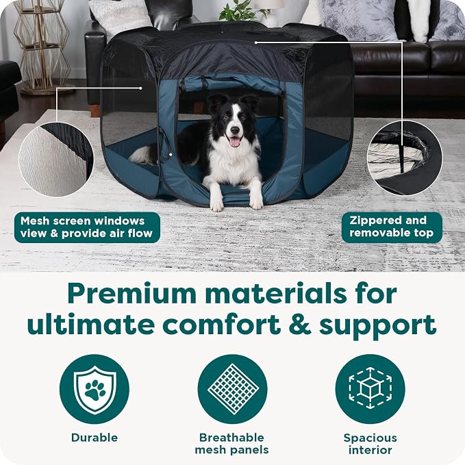 FurHaven Soft-Sided Dog & Cat Playpen, Portable Foldable Indoor & Outdoor Pet Playpen with Mesh Windows & Zippered Door, Gray, Large
