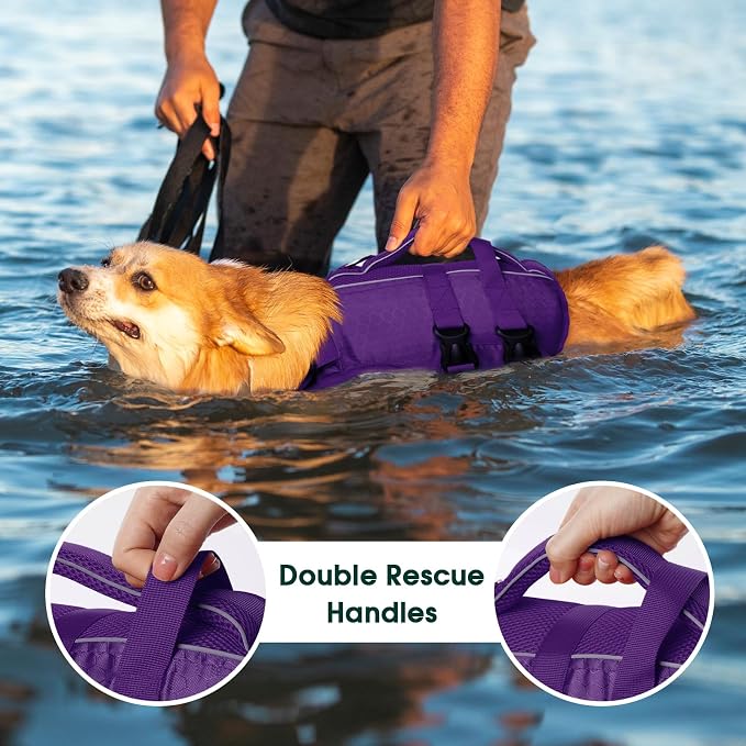 Kuoser Dog Life Jacket, High Flotation Reflective Dog Life Vest, Purple, XS | Adjustable Dog Lifejackets for Small Medium Large Dogs, Lifevest with Rescue Handle for Swimming, Boating, Lake, Beach & Pool
