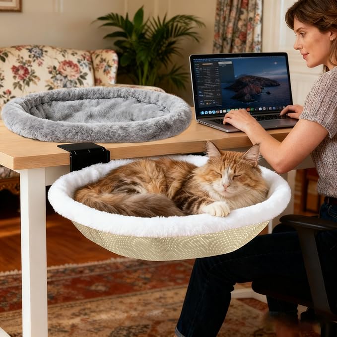 Cat Bed for Desk |2 Machine-Washable Covers |Foldable Cat Bed Desk Mount | Supports 50lbs|Space-Saving Foldable Cat Bed Desk|Reinforced support for jumping and sudden movements