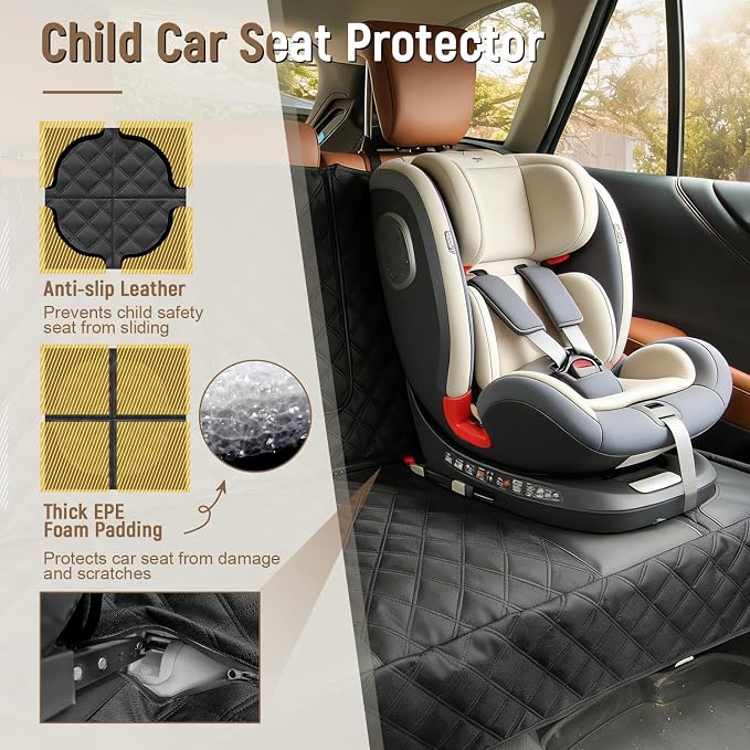 Dog Car Seat Cover for Back Seat, Heavy Duty Nonslip Car Seat Protector for Child Car Seat, Waterproof Bench Seat Cover for Dogs and Kids, Compatible with Armrest, Fits Sedan (Black)