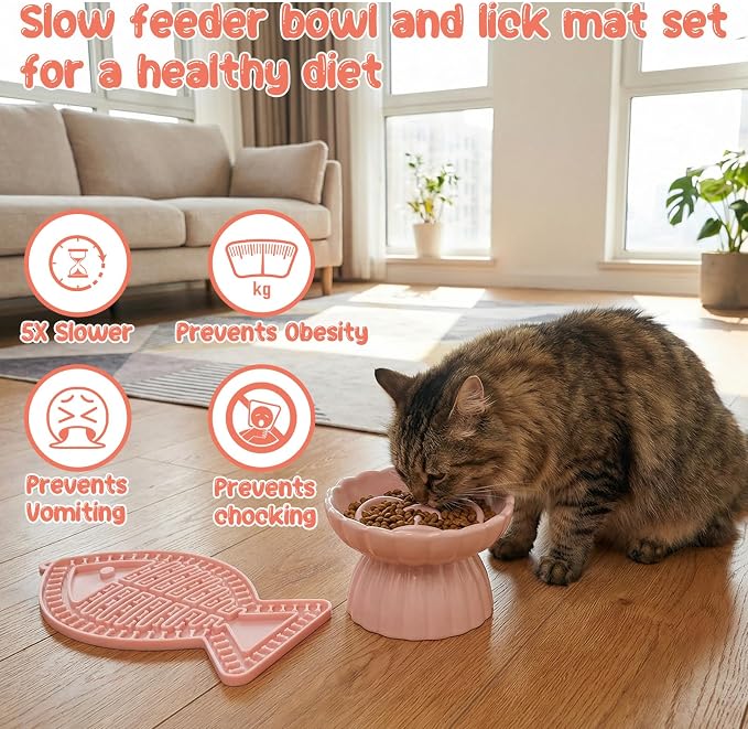 Ceramic Raised Slow Feeder Cat Bowl with Lick Mat, for Indoor Cats and Small Dogs Like Chihuahua, French Bulldog, Poodle,Anti Vomiting for Dry and Wet Food-Pink Bowl+Lick Mat