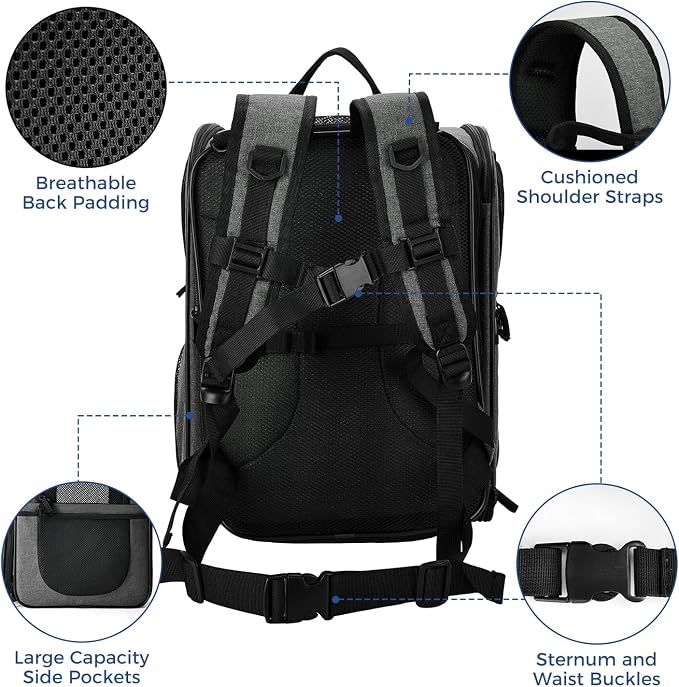 Apollo Walker Pet Carrier Backpack for Large/Small Cats and Dogs, Puppies, Safety Features and Cushion Back Support for Travel, Hiking, Outdoor Use (Gray-Expandable)