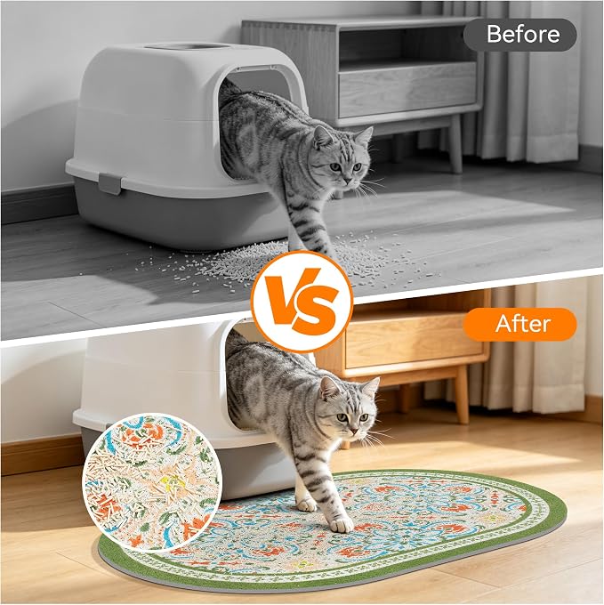 Cat Litter Mat, 33"x22" High Density PVC Litter Trapping Mat, Non-Slip, Waterproof & Urine-Proof Litters Catcher Mats, Keep Floor Clean, Soft on Kitten Paws, Cat Essentials Bean Green