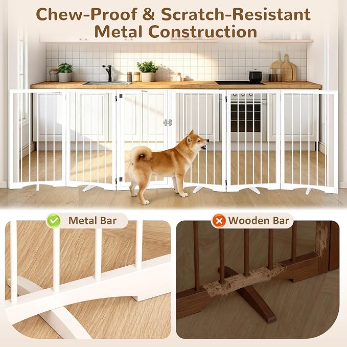 32" Extra Tall Free Standing Dog Gate Indoor, Foldable Pet Gate | for Doorways Stairs, 6-Panel Dog Gate with Door No Drilling, Folding Puppy Gate with Support Feet for Stability, 106"x32"