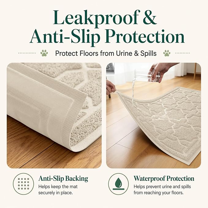 Yimobra Cat Litter Mat, Easy Clean Trapping PVC Mat, 35.4" x 23.6", Waterproof Backing, Non Slip Bottom, Scatter Control Pad for Litter Box, Beige