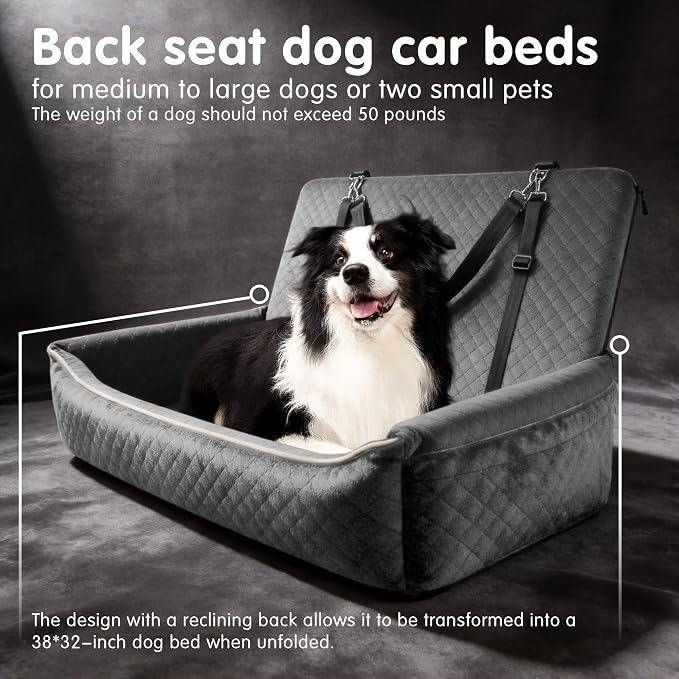 Luxury Large Dog Car Seat,Convertible to Portable Travel Dog Bed-Plush Velvet & High-Resilience Memory Foam,Universal Backseat & SUV Trunk Installation,Anti-Slip Safety Design for Medium-Large Dogs.