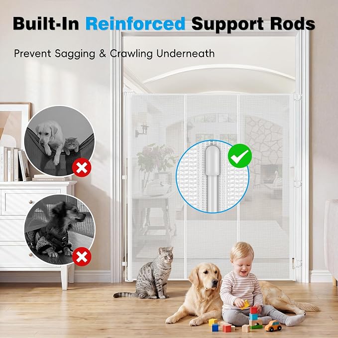 Reinforced 65" Extra Tall Baby Gate for Doorway, Jump-Resistant & Prevent Crawling Underneath Retractable Dog Gates Extra Tall, 0-55" W Retractable Pet Gate for Pet, Dogs, Cats, Puppies, Babies, White