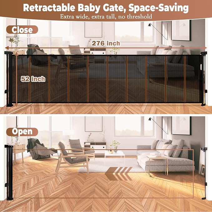 276" Retractable Baby Gate Extra Wide, 52" Tall Retractable Dog Gate for Stairs, Doorways, Decks, Mesh Gate Long Child Gate Pet Gate for Indoor, Outdoor, with Reinforced Mesh Rods, Dual Locks (Black)