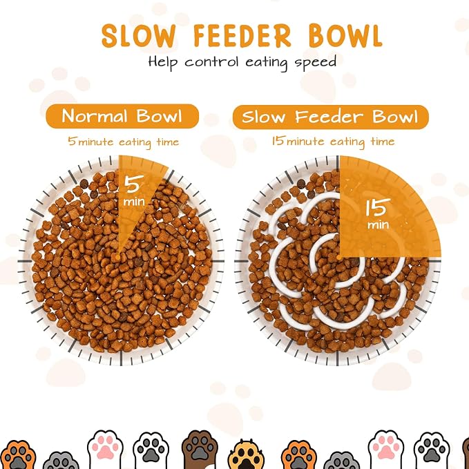 4 Set Raised Slow Feeder Cat Bowl with Stand,Flower Style,White | 5.8'' Wide, Ceramic, Elevated, Shallow Slow Eating Cat Bowl, for Dry/wet Food, Beard Friendly, Dishwasher Safe