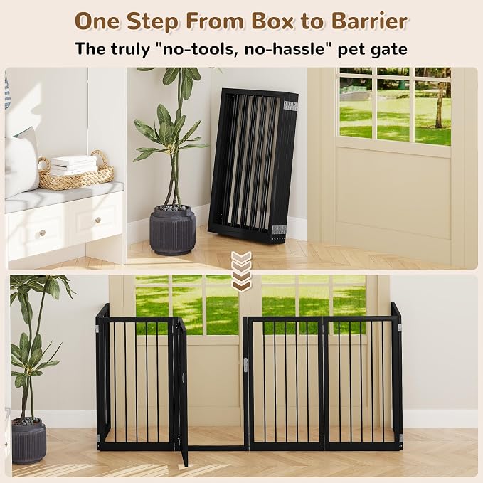 32" Extra Tall Free Standing Dog Gate Indoor, Foldable Pet Gate | for Doorways Stairs, 6-Panel Dog Gate with Door No Drilling, Folding Puppy Gate with Support Feet for Stability, 106"x32"
