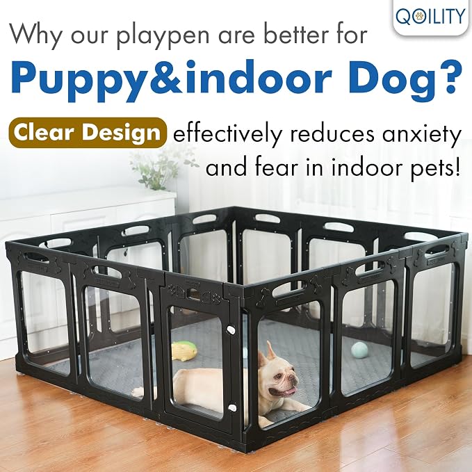 Clear Acrylic Dog Playpen Indoor, Expandable Size & Flexible Shape, Ideal for Small & Toy Dogs, Black