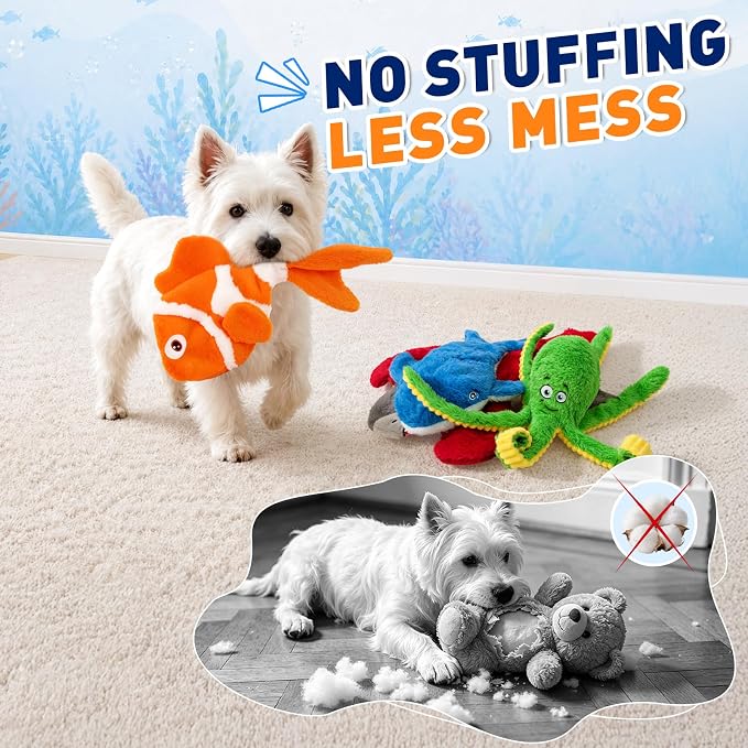 No Stuffing Squeaky Crinkle Dog Toys, 5-Pack Ocean Animal Plush Set | For puppies and small, medium & large dogs | full-body crinkle and squeaker in every toy | easy to carry, toss and shake