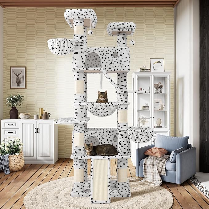 SHA CERLIN 81in Multi-Level Tall Cat Tree Tower for Indoor Kitties/Larger Cat Condo Furniture with Hammock/Cozy Pussycat Perches/Sisal Scratching Posts/Pet House/Wide Base/White & Black Spot