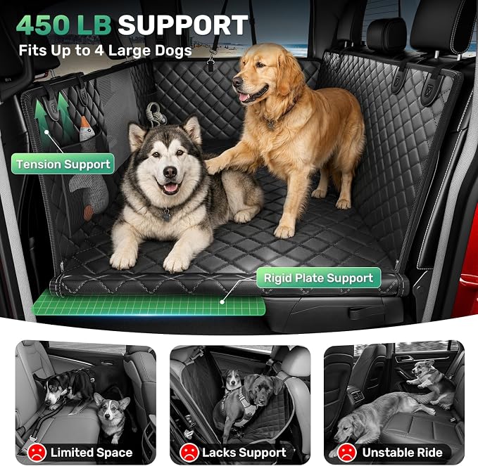 Zanch Heavy-Duty Dog Car Seat Cover, Flat Solid Back Seat Extender for Multi Large Dogs, Hard Bottom Supports 450 lb, Waterproof Scratchproof Hammock Protector, Standard for Cars, SUV, Trucks, Black