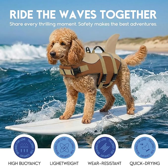 ASENKU Dog Life Jacket - Pet Safety Vest for Swimming & Boating, Shark Life Jacket with Floatation, Dog Lifesavers Swimsuits for Small Medium Large Dogs (Brown, XS)