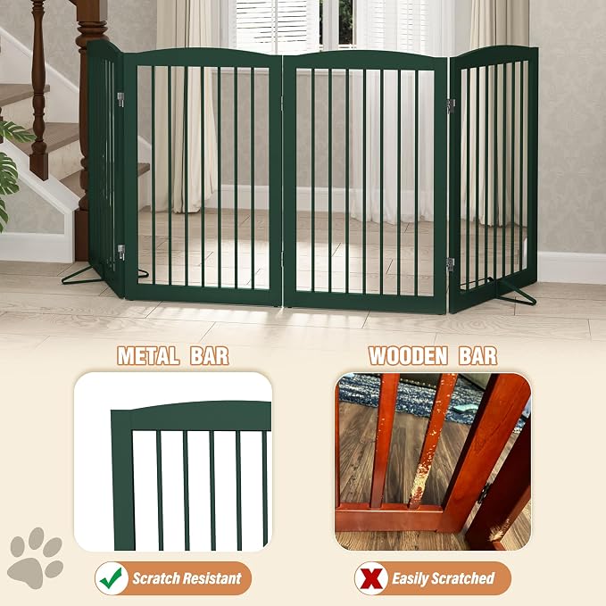 PUPETPO Freestanding Pet Gate for Dogs, Indoor Wooden Dog Gate for House, Foldable Dog Gate for Doorway, Stair, Step Over Pet Puppy Safety Fence Tall, 80 Inch Wide, 4 Panels 32", Green