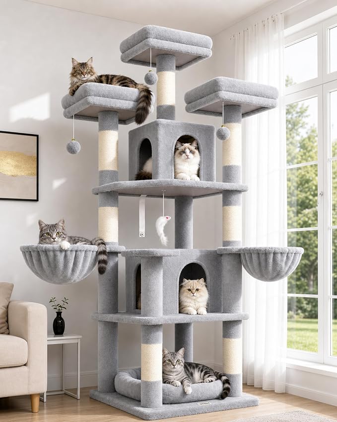 Globlazer Big Cat Tower for Indoor Cats, 68 inch Cat Tower for Multiple Adult Cats XL Cat Tree with Scratching Post, 3 Perches, 2 Condos, 2 Basket, Removable Pet Bed, F68B, Light Grey