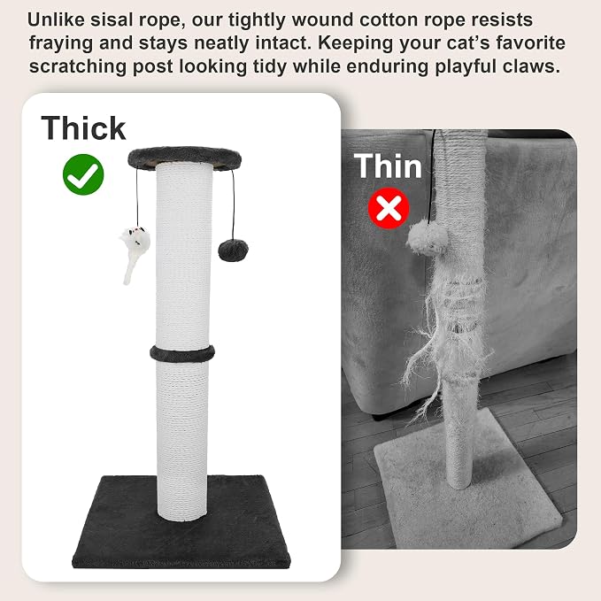 34-Inch Tall Cat Scratching Post for Large Cats, Stable Base, Black | Heavy-Duty Cat Scratcher, Extra-Tall Thick Post, Soft Natural Cotton Rope, Hanging Interactive Cat Toys, Indoor Cat Furniture