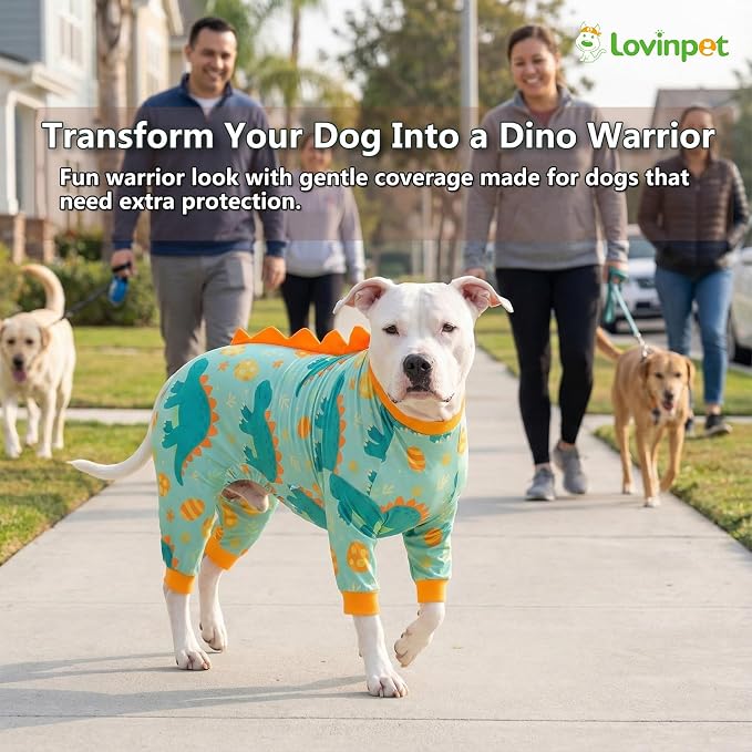 LovinPet Large Dog Pajamas, Four-Leg Stretch Onesie Bodysuit, Lightweight UV-Shielding Pajamas, Anti-Lick Calming Recovery Suit for Surgery, Pull-On for Medium and Large Breeds,Green Orange,XL