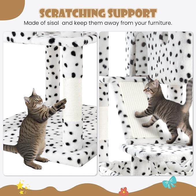 SHA CERLIN 81in Multi-Level Tall Cat Tree Tower for Indoor Kitties/Larger Cat Condo Furniture with Hammock/Cozy Pussycat Perches/Sisal Scratching Posts/Pet House/Wide Base/White & Black Spot