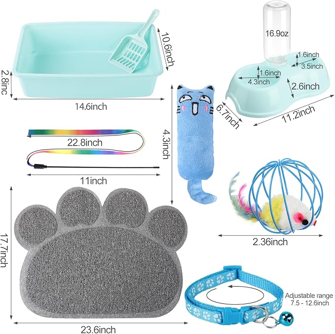 7 Pcs Small Cat Kitten Starter Kit Cat Litter Box with Shovel Paw Litter Mat Double Automatic Kitten Bowls Toy Teaser Stick Collar Essentials Kits for 1-3 Lbs Beginner(Simple,Blue)