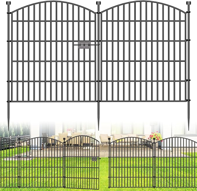5 Panel No Dig Decorative Garden Fence with Gate 32" H x 11.8'L Dog Barrier | Rustproof welded steel with lock gate, deep stakes for yards, patios. Modular design contains pets, rabbits, small animals.