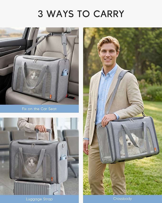 55x40x23 cm Soft-Sided Pet Carrier Bag Large Cat Small Dog Carriers | Up To 26lbs For Medium Cats Dogs Puppies Collapsible Travel Puppy Carrier with Foldable Bowls ,Grey
