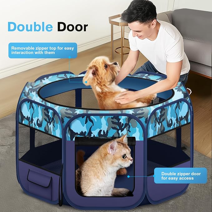 Pop Up Pet Playpen and Whelping Box, 48 x 48 x 24 in, Navy Blue | 48 x 48 x 24 in for pets up to 50 lb; waterproof 600D Oxford base, locking zippers, shade top, carry bag, and 16 oz bowl.