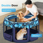 Pop Up Pet Playpen and Whelping Box, 48 x 48 x 24 in, Navy Blue | 48 x 48 x 24 in for pets up to 50 lb; waterproof 600D Oxford base, locking zippers, shade top, carry bag, and 16 oz bowl.