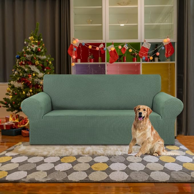 Loveseat Couch Cover, 2 Cushion Couch Slipcover,Greyish Green | 1-Piece Stretch Sofa Cover Pet Friendly (55"-78") Furniture Protector Soft Jacquard, Elastic Bottom for Dogs & Kids