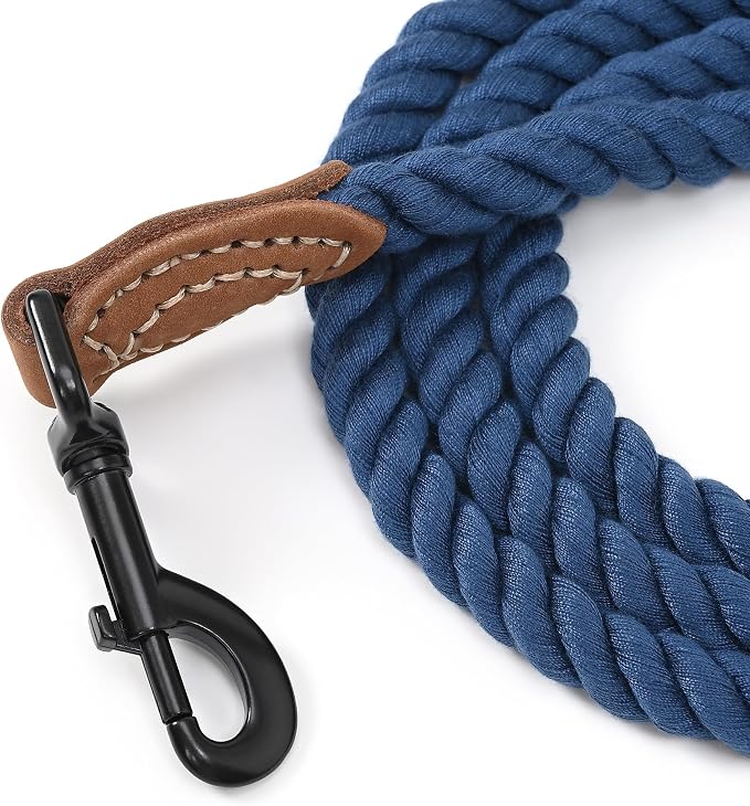 Mile High Life Dog Leash Braided Cotton Rope with Leather-Reinforced Ends | Rust-proof 360° swivel clasp, Heavy-duty for medium/large breeds. Great for weddings, daily walks (5 FT, 1/2", Navy)