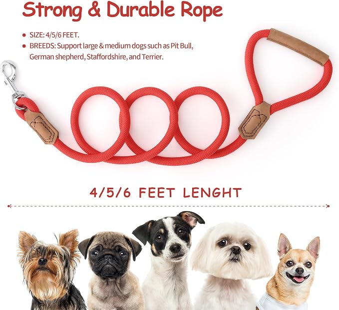 Mile High Life Dog Leash with Genuine Leather Handle, 6 FT/5 FT/4 FT | Leather Grip Rope Leash, Heavy Duty 360° Swivel Metal Clasp, for Small Medium & Large Dogs