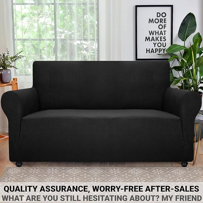 ZNSAYOTX Super Stretch Couch Cover Love Seat Sofa Covers for Living Room Dogs Pet Friendly Furniture Protector Spandex Loveseat Slipcovers with Anti Slip Foam Sticks (Black, Loveseat)