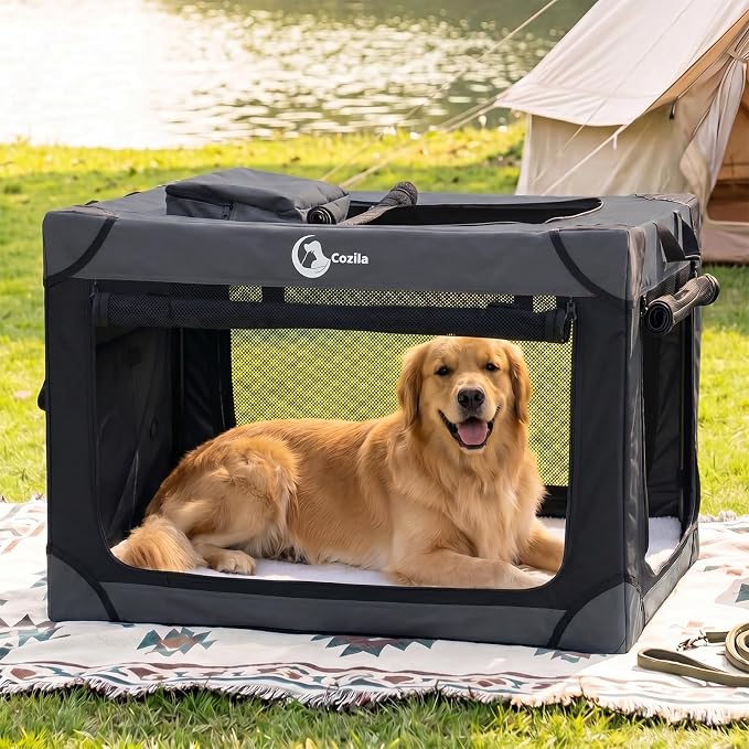 Portable Collapsible Soft Dog Crate for Extra Large Dogs,42in Black | Oxford Cloth Travel Camping dog kennel with 4 Mesh Windows & 2 Storage Pockets,for Indoor & Outdoor Use
