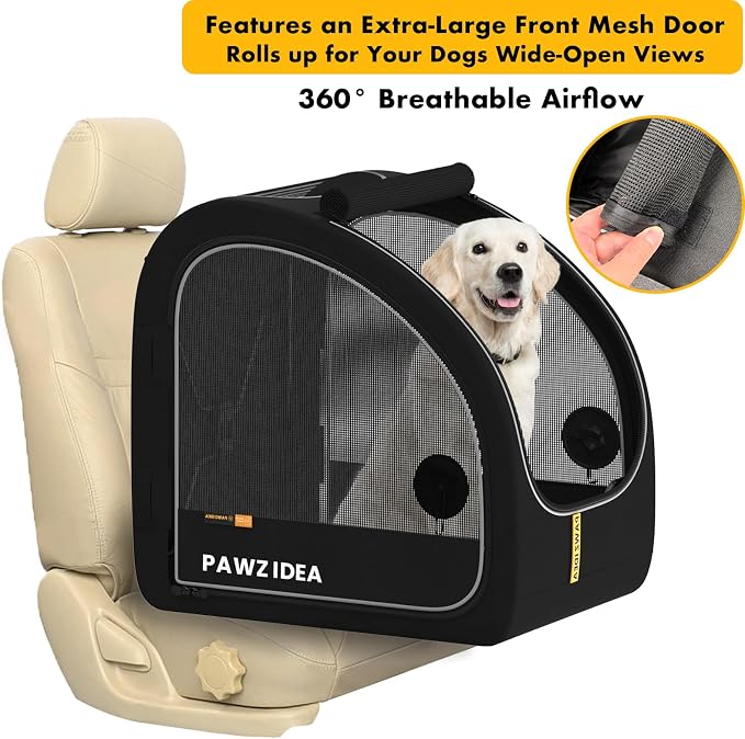 PAWZIDEA Portable Dog Crate for Car Travel, Collapsible Pet Travel Crates for Medium & Large Dogs, Enclosed Soft-Sided Car Kennel Carrier for Backseat, Secures w/Seatbelt & Headrest Strap, Chew-Proof