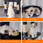 Heybly Tall Cat Tree 78-inch Multi-Level Cat Tower for Indoor Cats HCT033G | Cat Condo with 2 Widened Plush Perches, Multi-Level Cat Furniture with Scratching Board, Big Caves, Smoky Gray