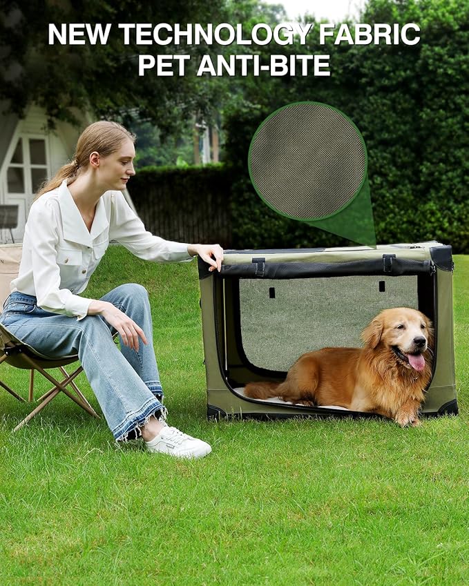 33 x 25 x 25 Inch Collapsible Soft Dog Crate for Dogs Up to 70 lbs, Portable Travel Pet Kennel with 4 Zip Doors, Foldable Indoor Outdoor Crate with Mat, Carry Bag, Green