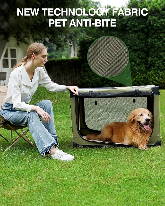 30 x 21 x 21 Inch Collapsible Soft Dog Crate for Dogs Up to 50 lbs, Portable Travel Pet Kennel with 4 Zip Doors, Foldable Indoor Outdoor Crate with Mat, Carry Bag, Green