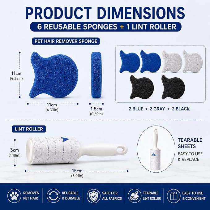Pet Hair Remover for Laundry, 6 Reusable Laundry Sponges + Tearable Lint Roller, Pet Hair Remover for Clothes, Bedding, Furniture, Sofa, Car Seats, Dog & Cat Hair Remover
